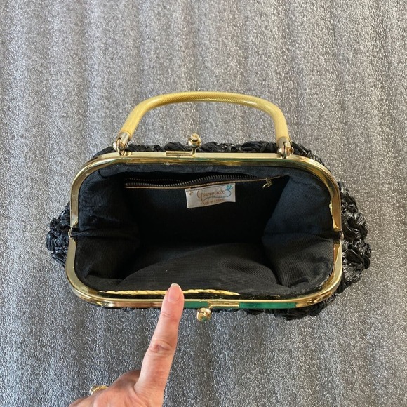 Vtg 60s Gaymode Woven Black Plastic Straw Purse Retro Hand Bag Footed Japan - Picture 4 of 8